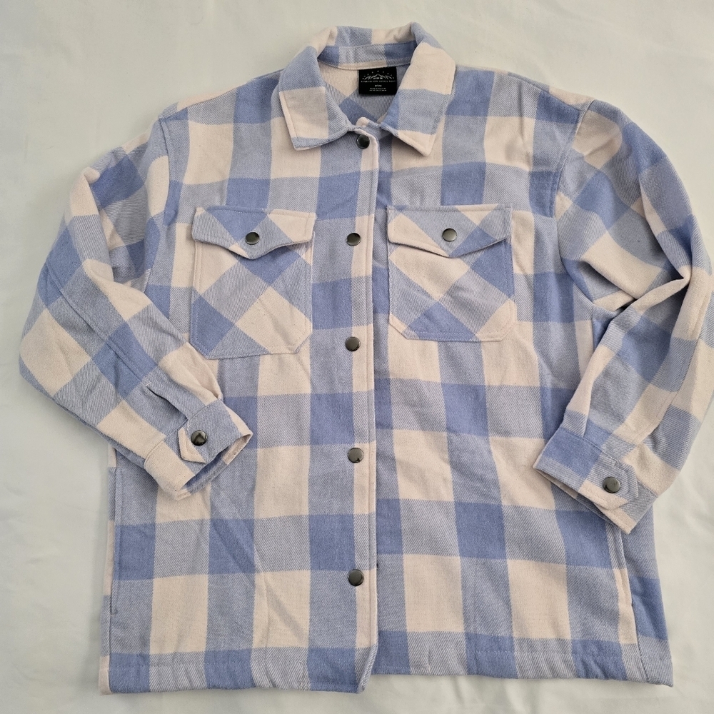 HFX Blue & Cream Buffalo Plaid Shacket Jacket Women's Medium Cozy Button Front - Picture 3 of 7